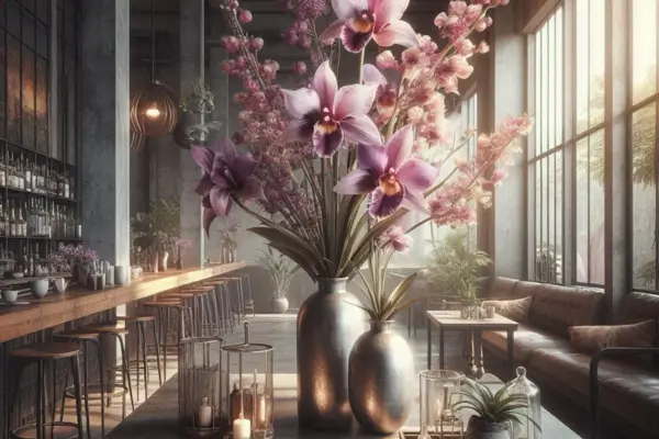 Laelia purpurata em Vasos de Aço Envelhecido para Design Industrial em Cafeterias