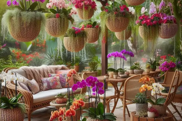 Orquídeas Coloridas em Vasos Suspensos de Fibra Natural para Pátios Boho em Chácaras