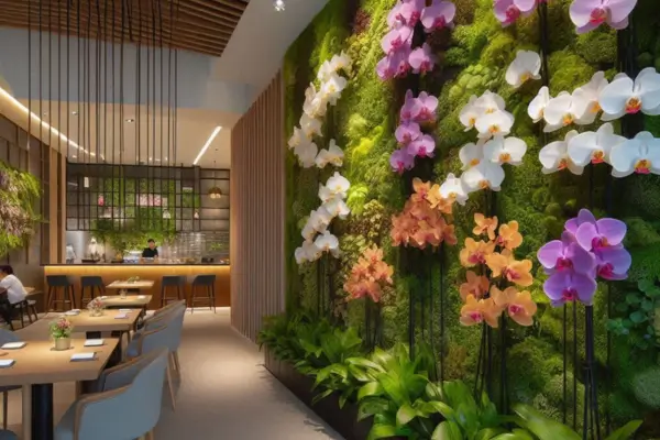 Phalaenopsis amabilis em Paredes Verdes Verticais para Entradas de Restaurantes